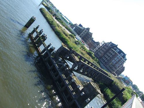 The remainder of the bridge and the new residential area.