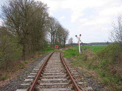 Railway crossing with stop here sign